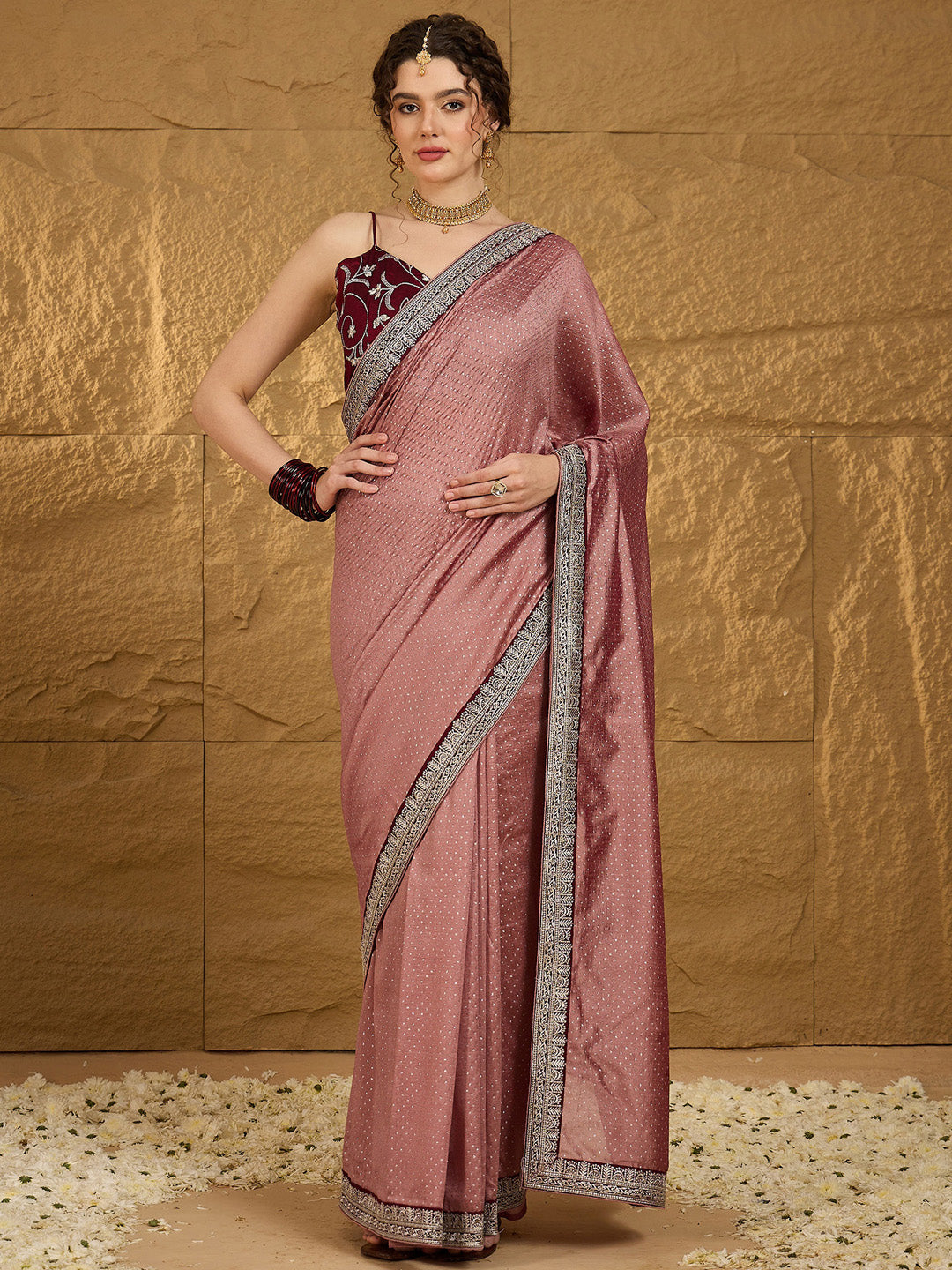 Vichitra Silk Brown Embroidered Designer Saree With Blouse