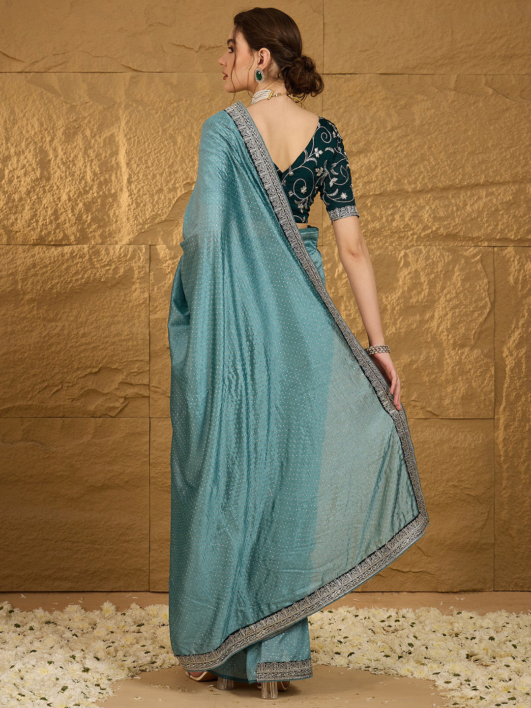 Vichitra Silk Teal blue Embroidered Designer Saree With Blouse