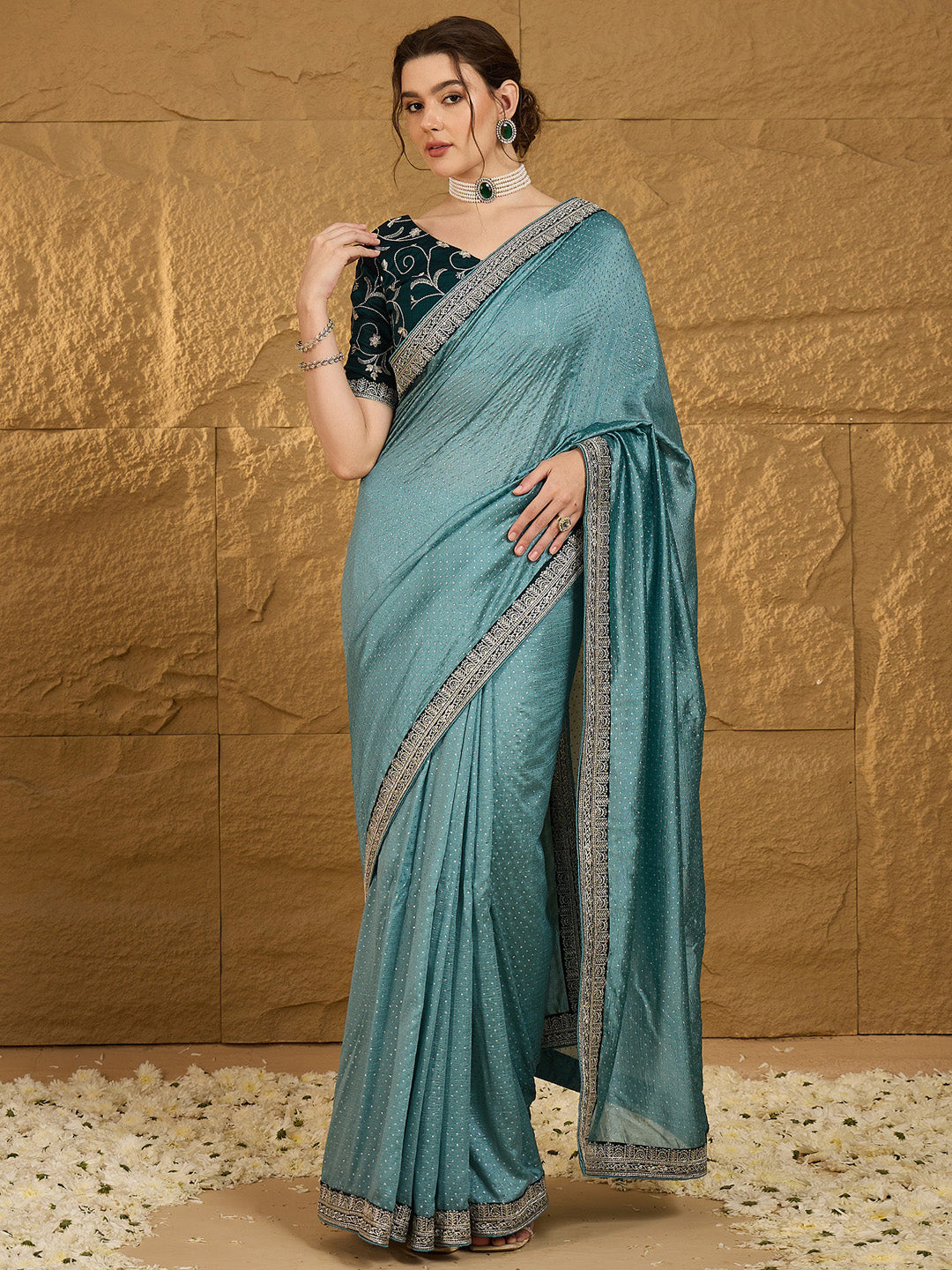 Vichitra Silk Teal blue Embroidered Designer Saree With Blouse