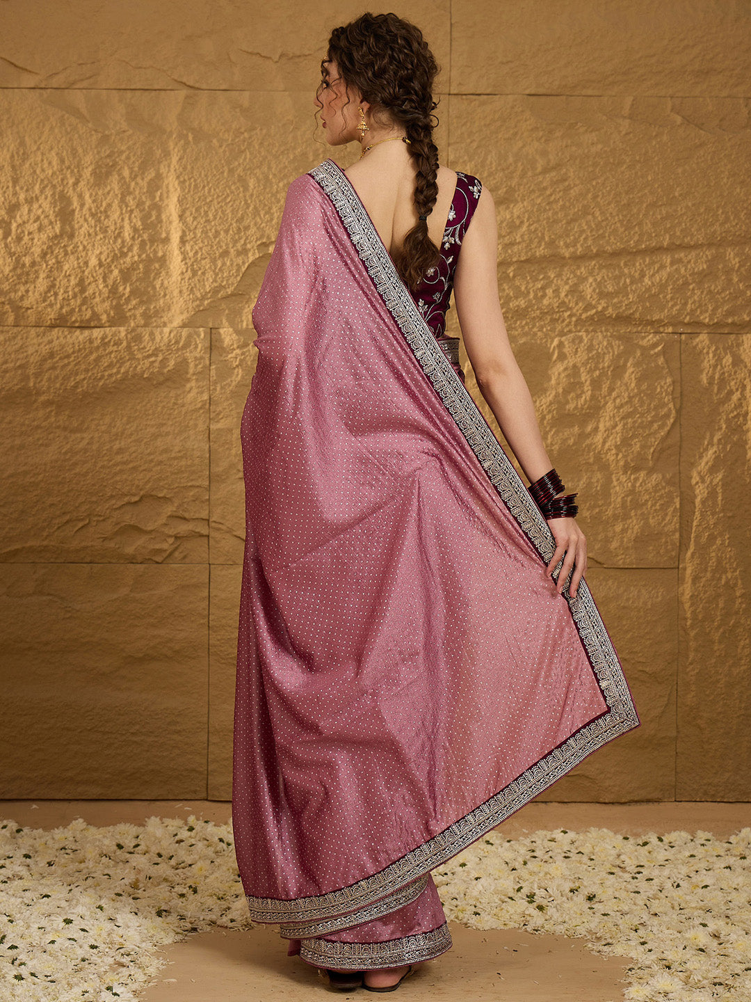 Vichitra Silk Mauve Embroidered Designer Saree With Blouse