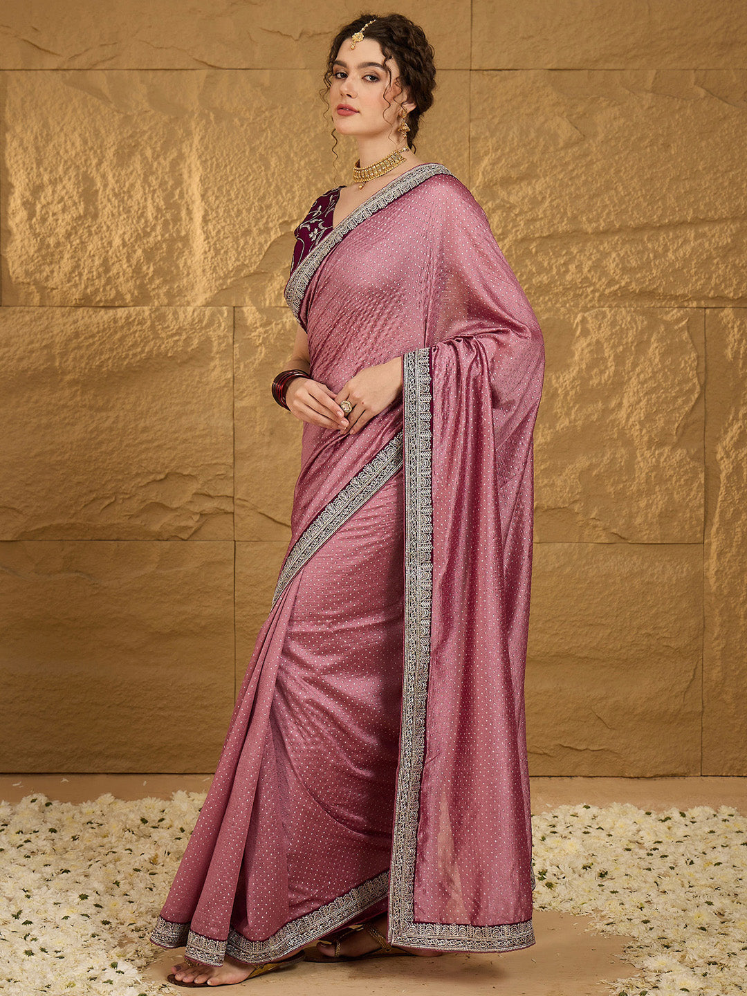 Vichitra Silk Mauve Embroidered Designer Saree With Blouse