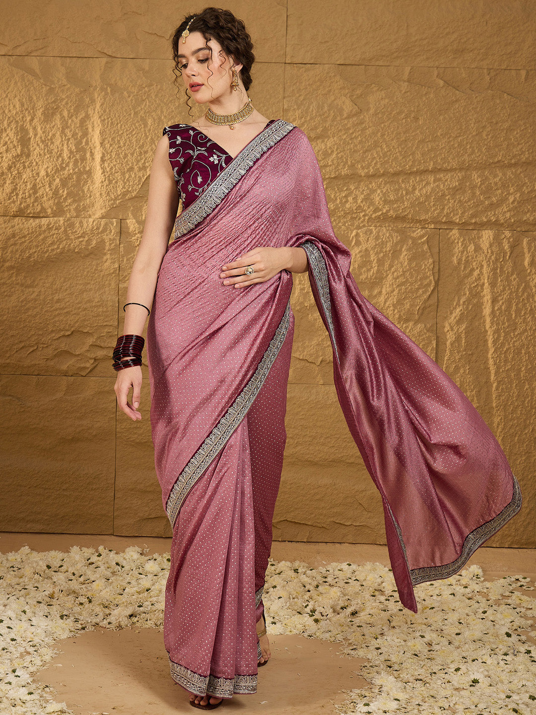 Vichitra Silk Mauve Embroidered Designer Saree With Blouse