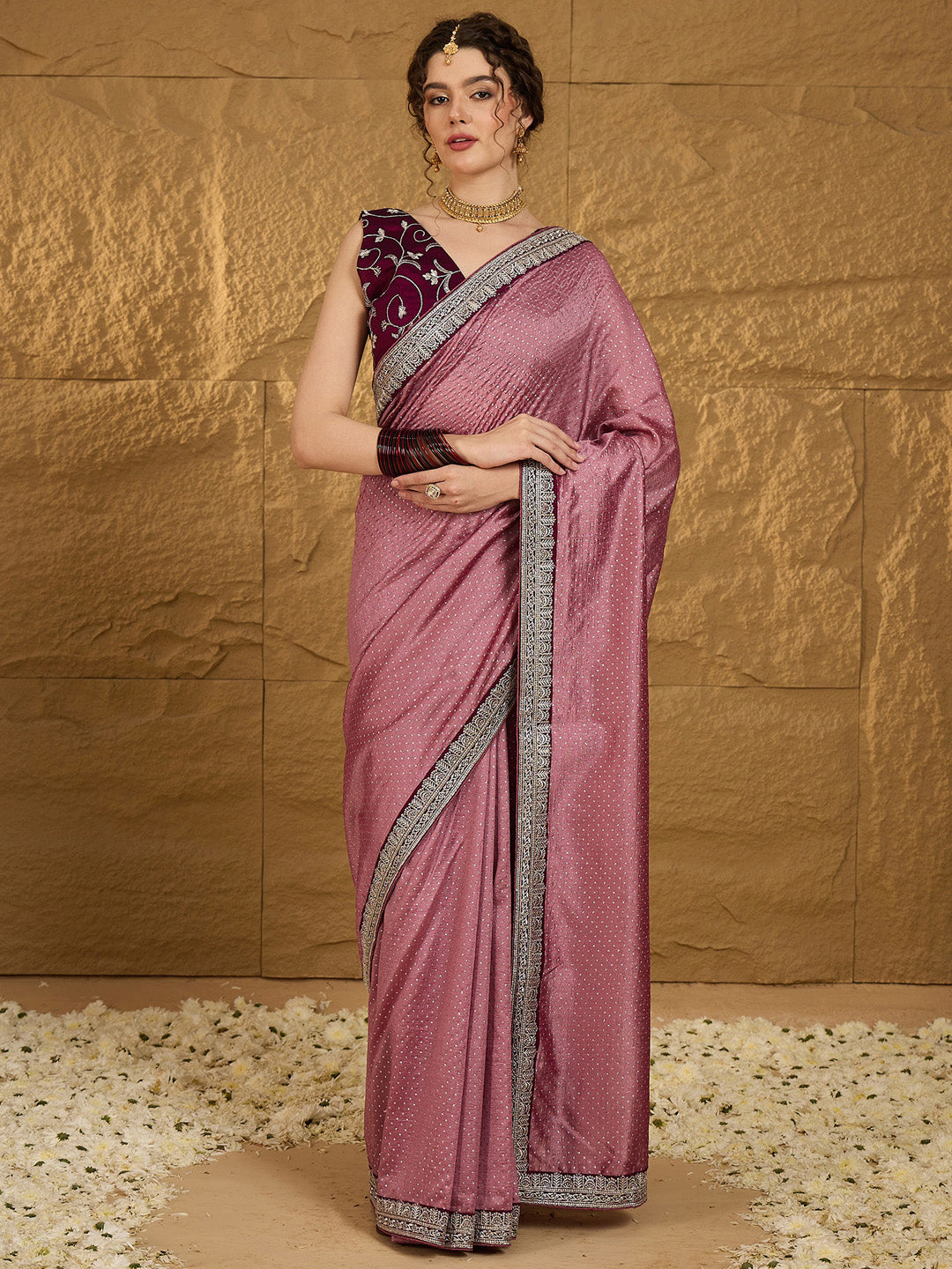 Vichitra Silk Mauve Embroidered Designer Saree With Blouse