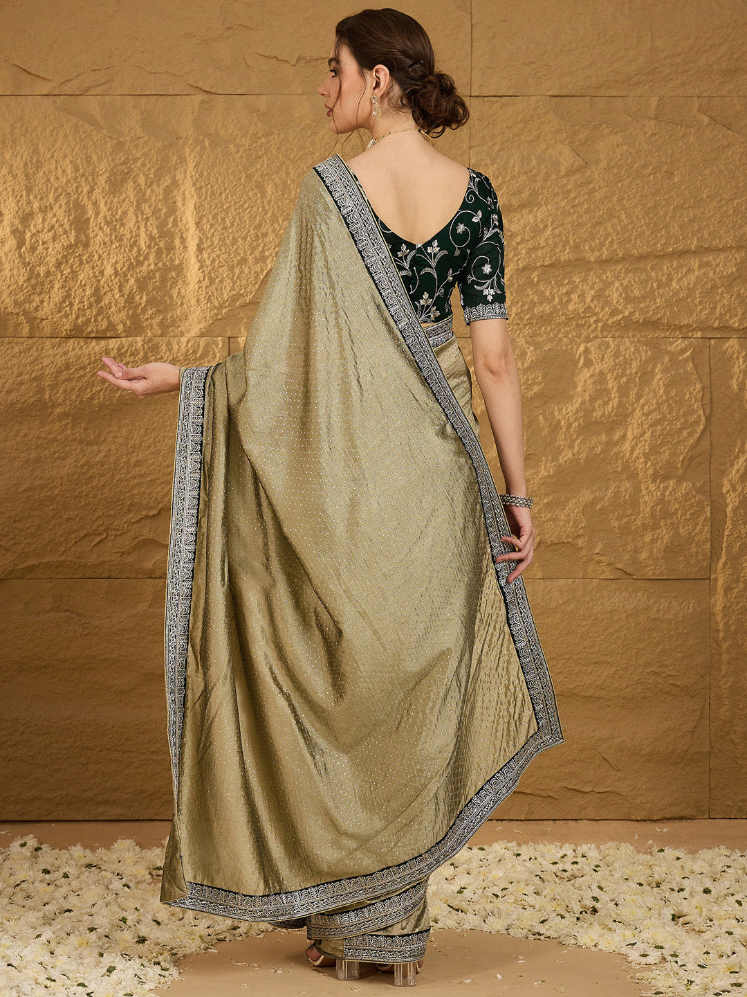 Vichitra Silk Olive Embroidered Designer Saree With Blouse