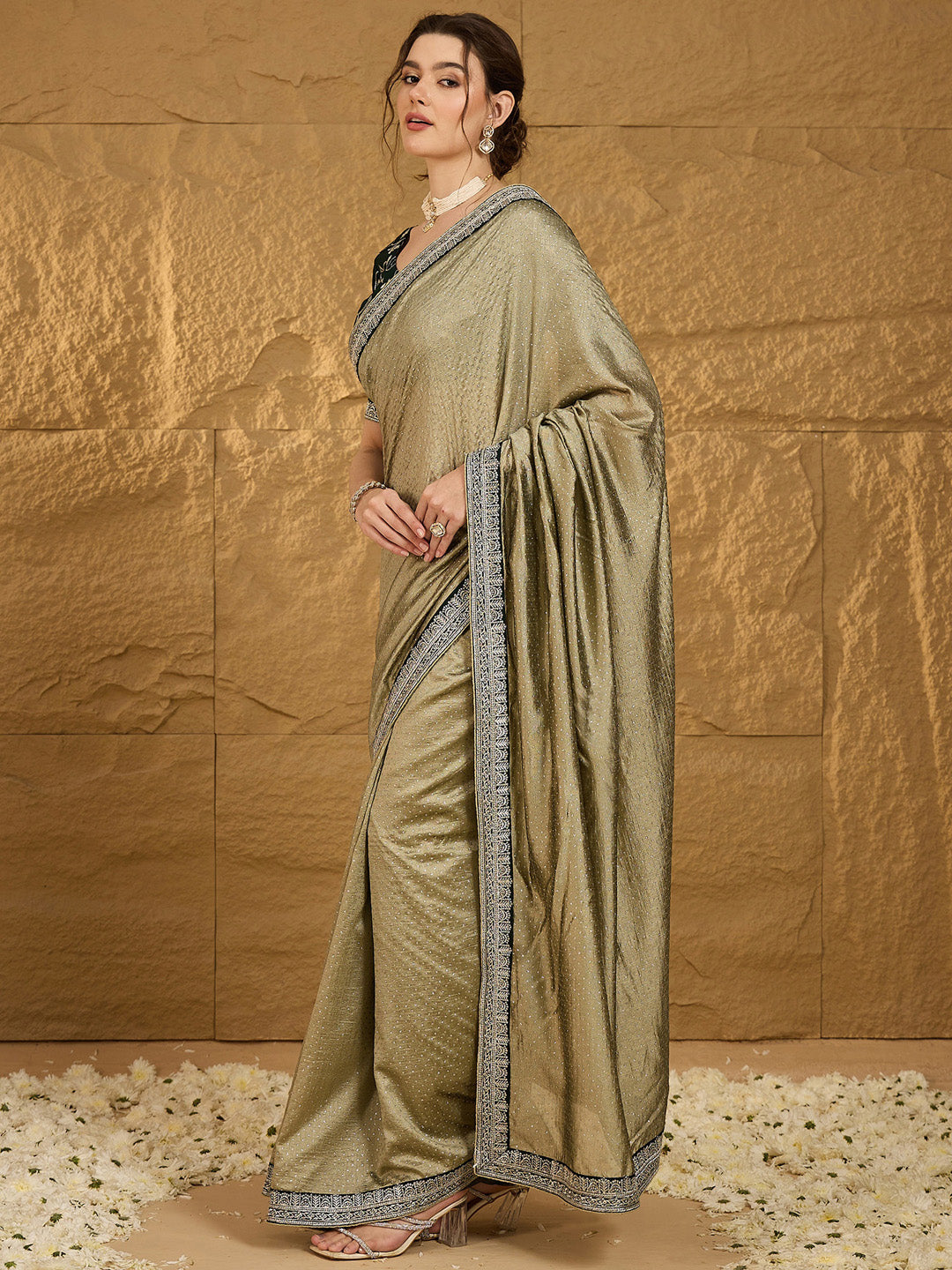 Vichitra Silk Olive Embroidered Designer Saree With Blouse