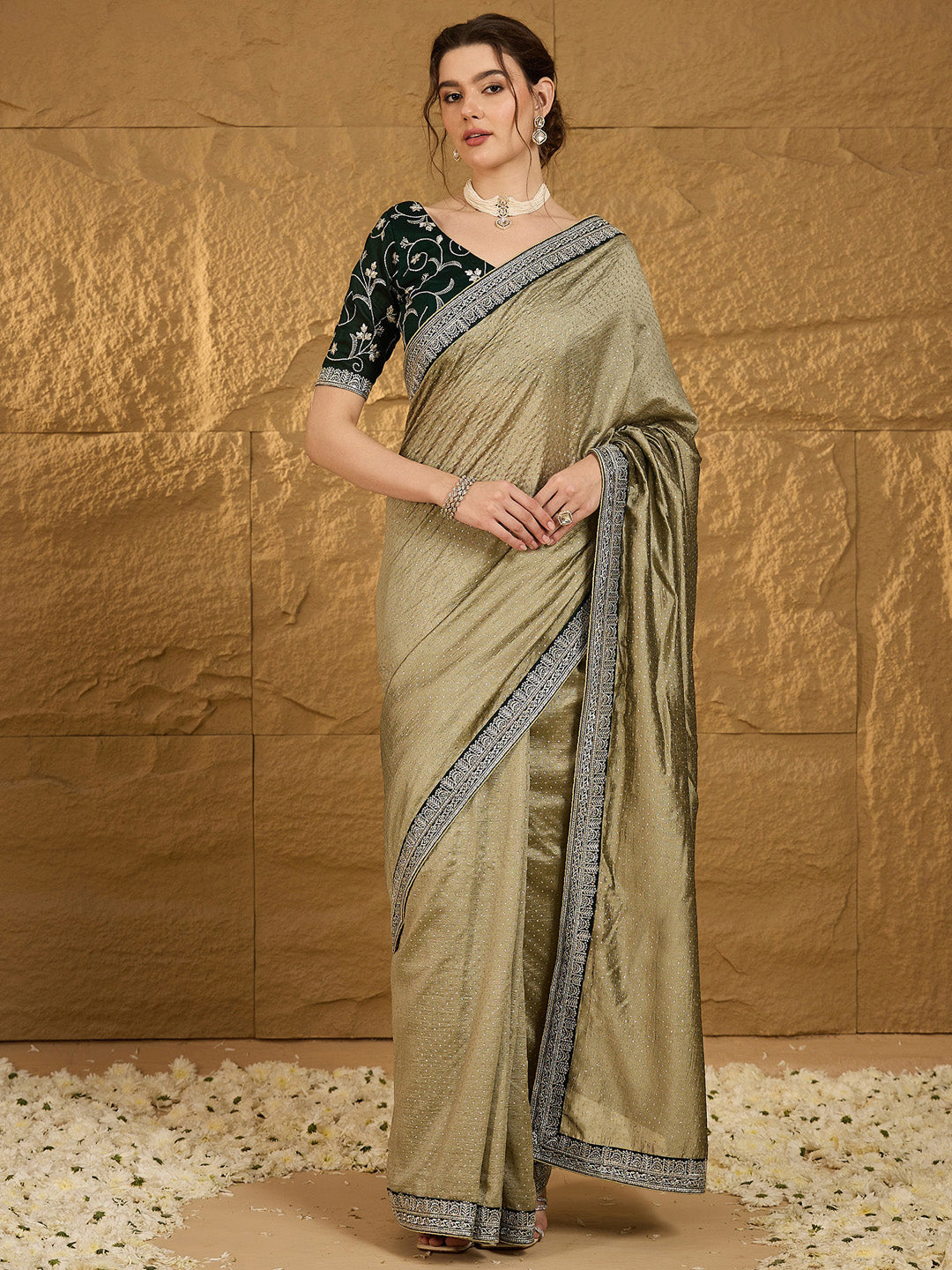 Vichitra Silk Olive Embroidered Designer Saree With Blouse