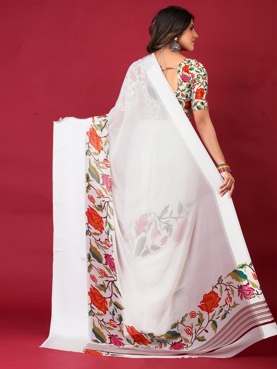 Georgette White Printed Designer Saree With Blouse