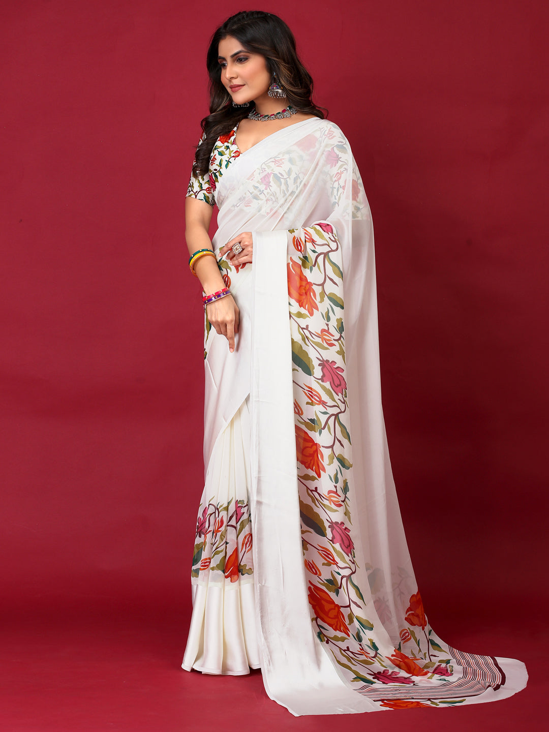 Georgette White Printed Designer Saree With Blouse