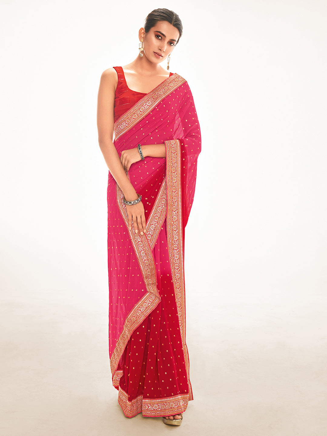 Silk Blend Pink Printed Celebrity Saree With Blouse