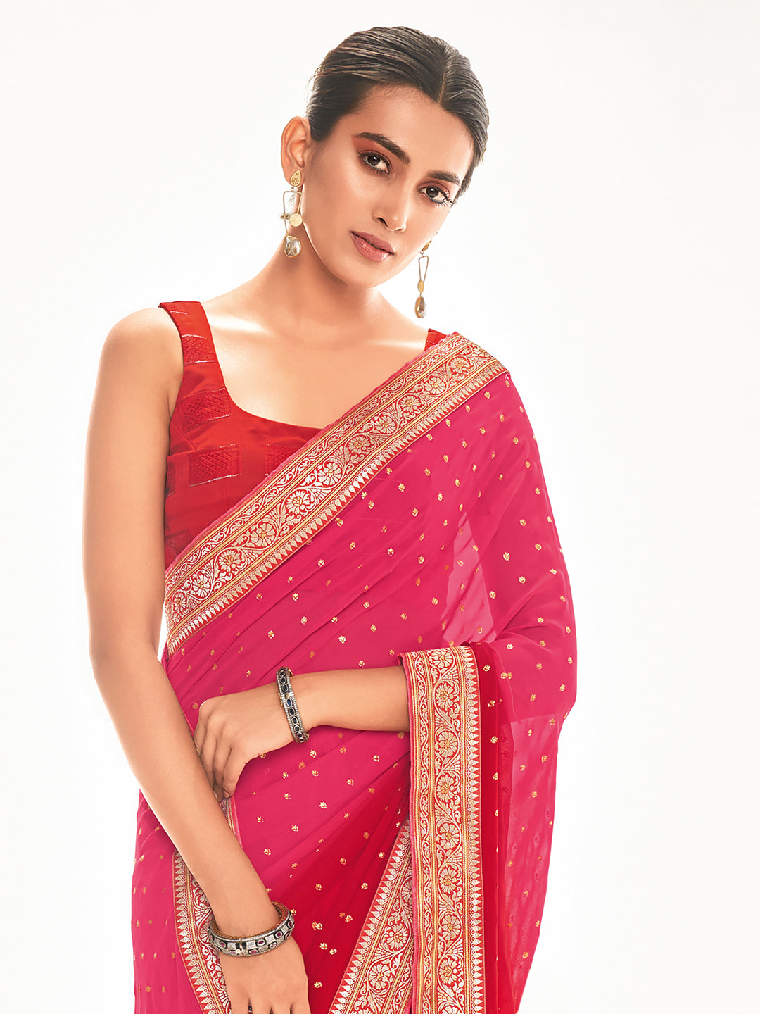 Silk Blend Pink Printed Celebrity Saree With Blouse