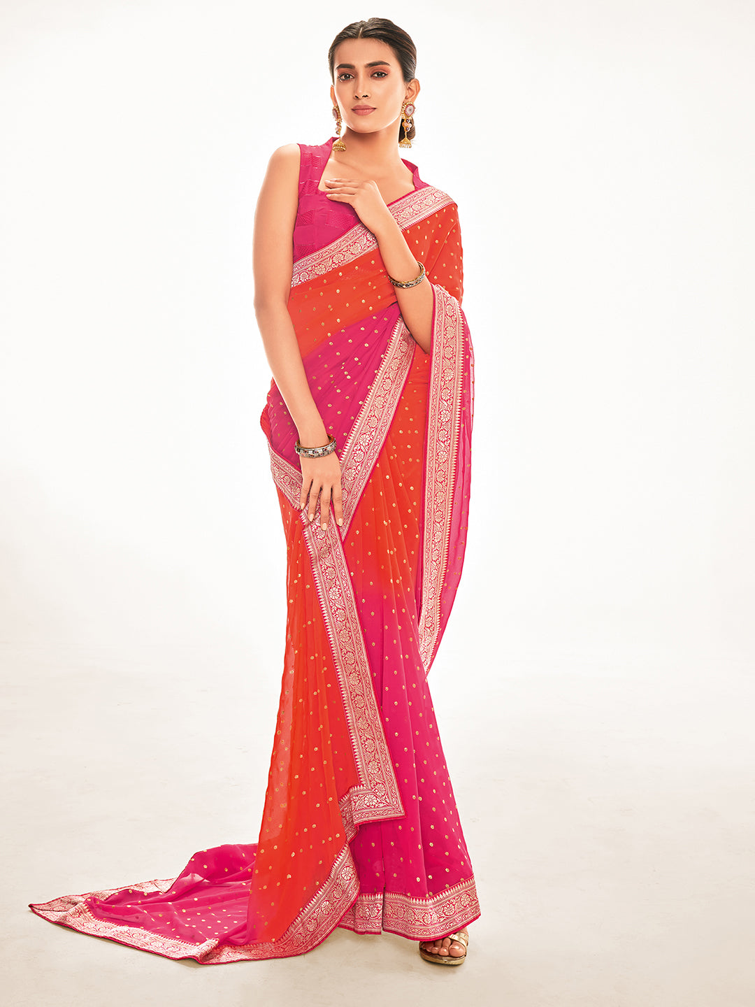 Silk Blend Orange Printed Celebrity Saree With Blouse