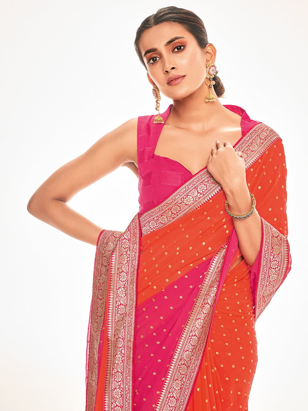 Silk Blend Orange Printed Celebrity Saree With Blouse