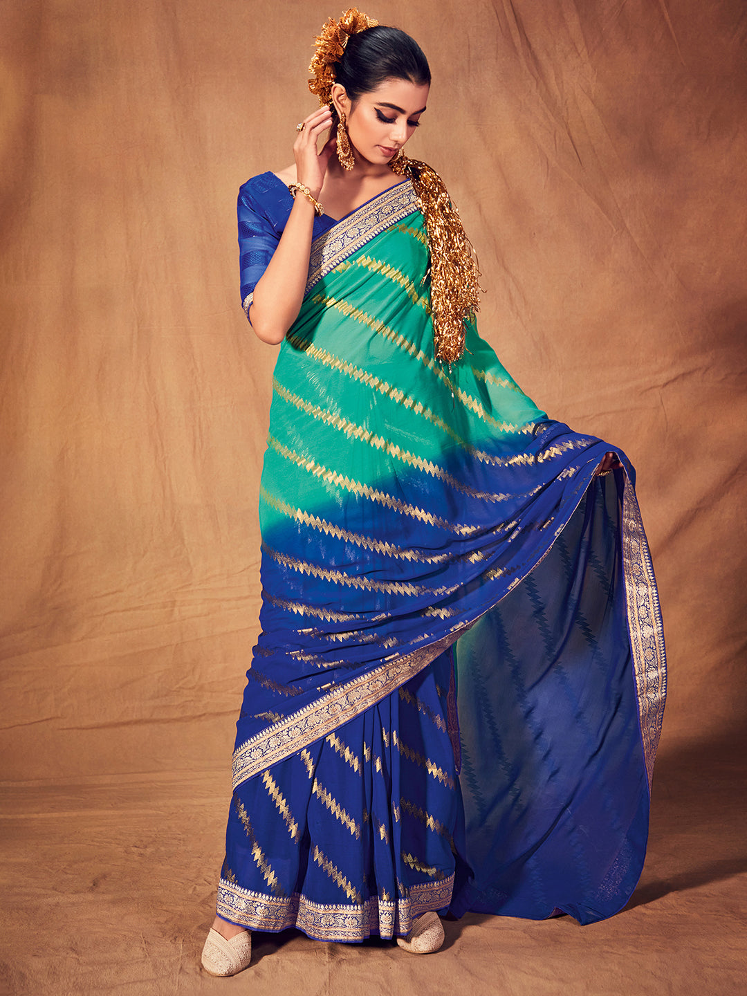 Georgette Blue Printed Designer Saree With Blouse