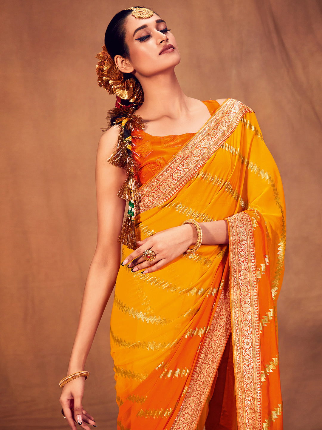 Georgette Yellow Printed Designer Saree With Blouse