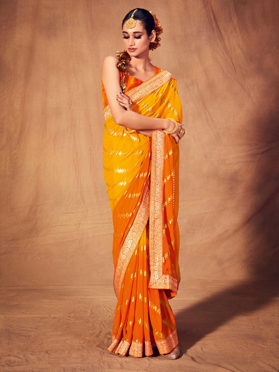 Georgette Yellow Printed Designer Saree With Blouse