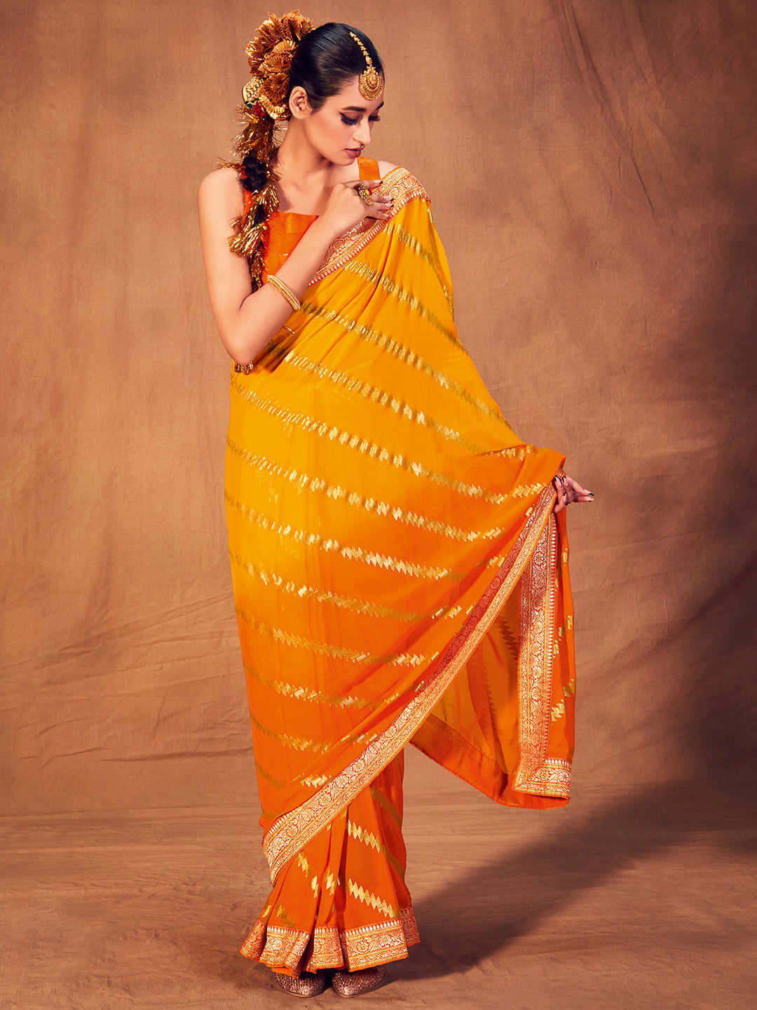 Georgette Yellow Printed Designer Saree With Blouse