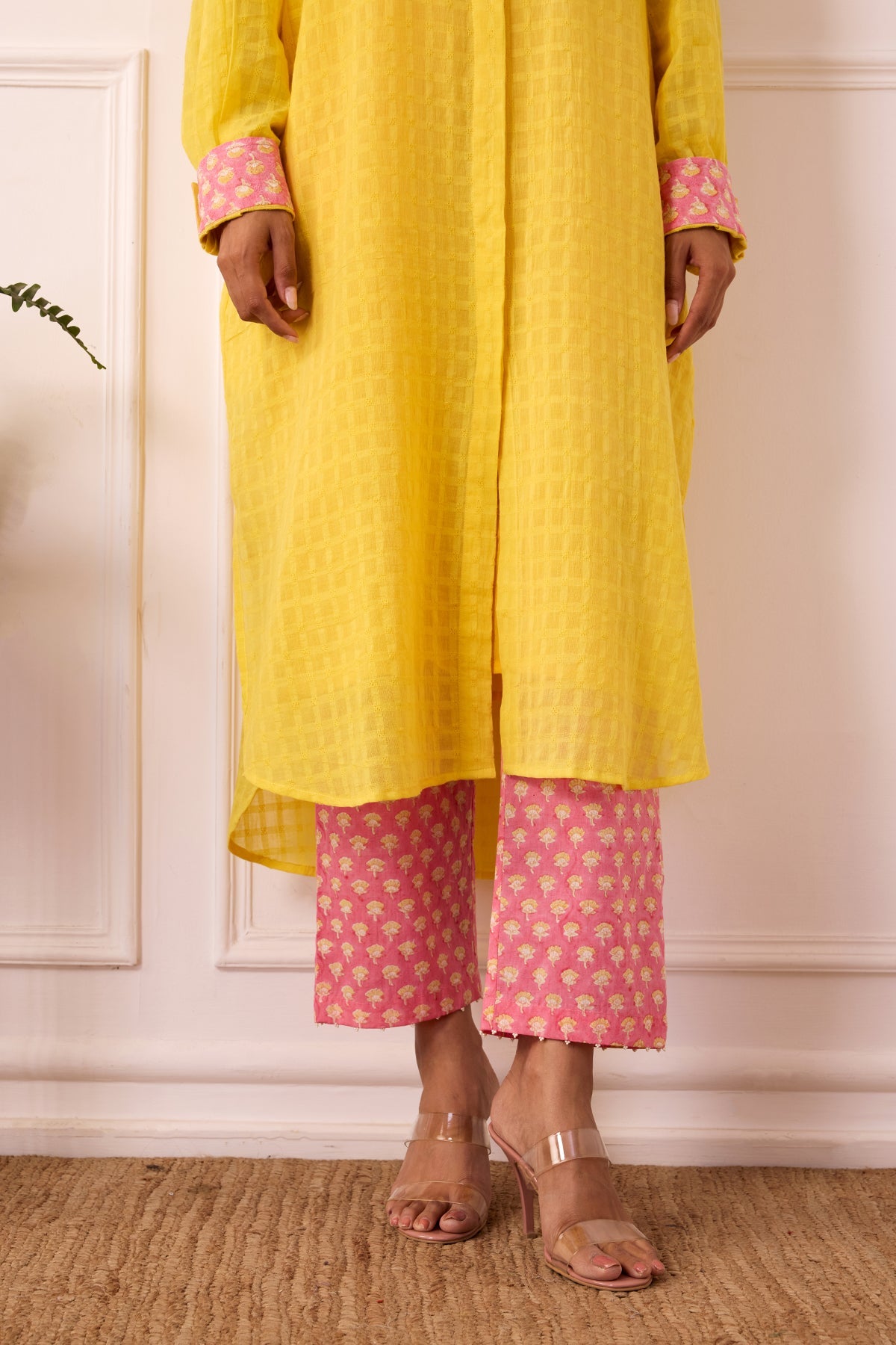 Ambarsariya Yellow Long Shirt & Pant with Slip Set of 2-FL