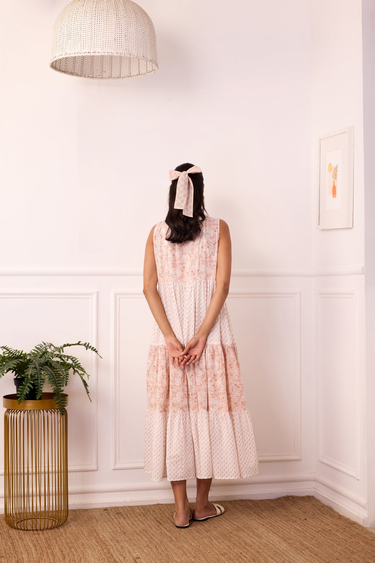 Ambarsariya White & Peach Sleeve Less Frill Dress-FL
