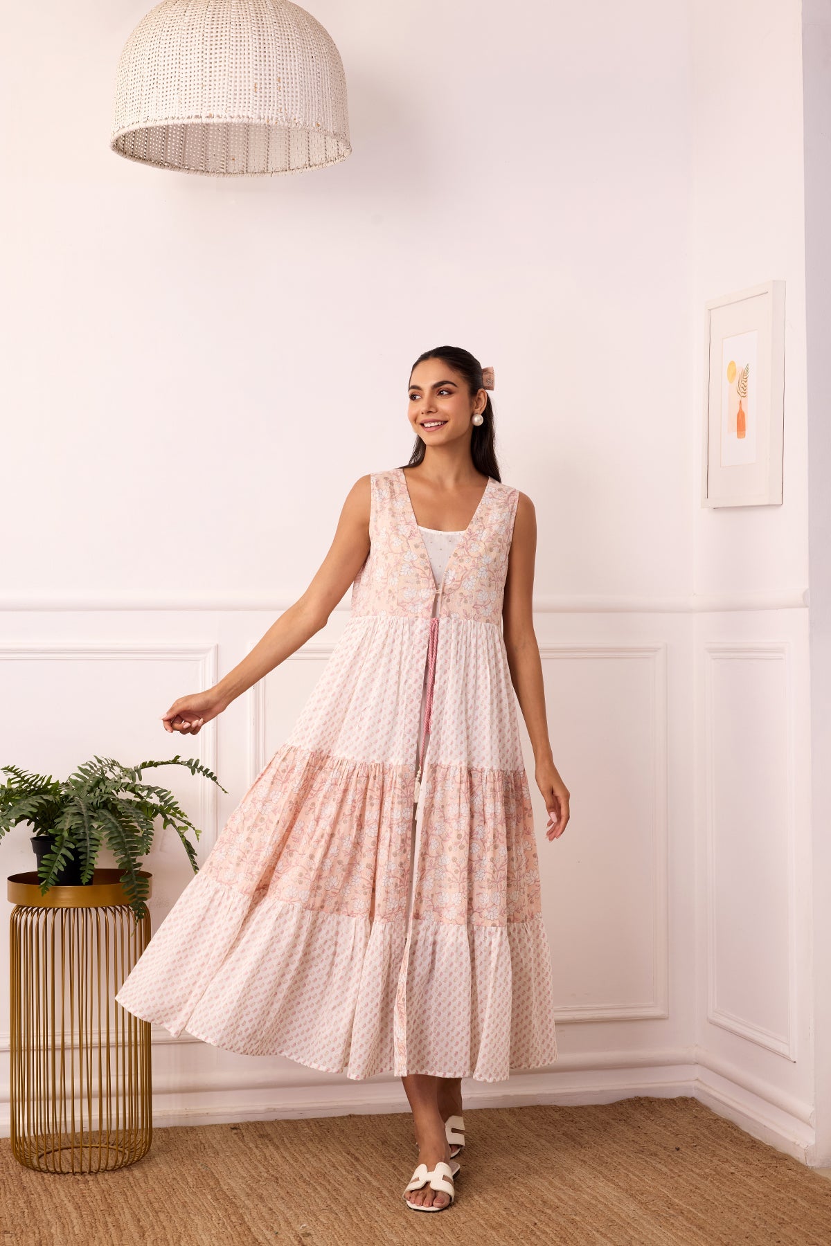 Ambarsariya White & Peach Sleeve Less Frill Dress-FL