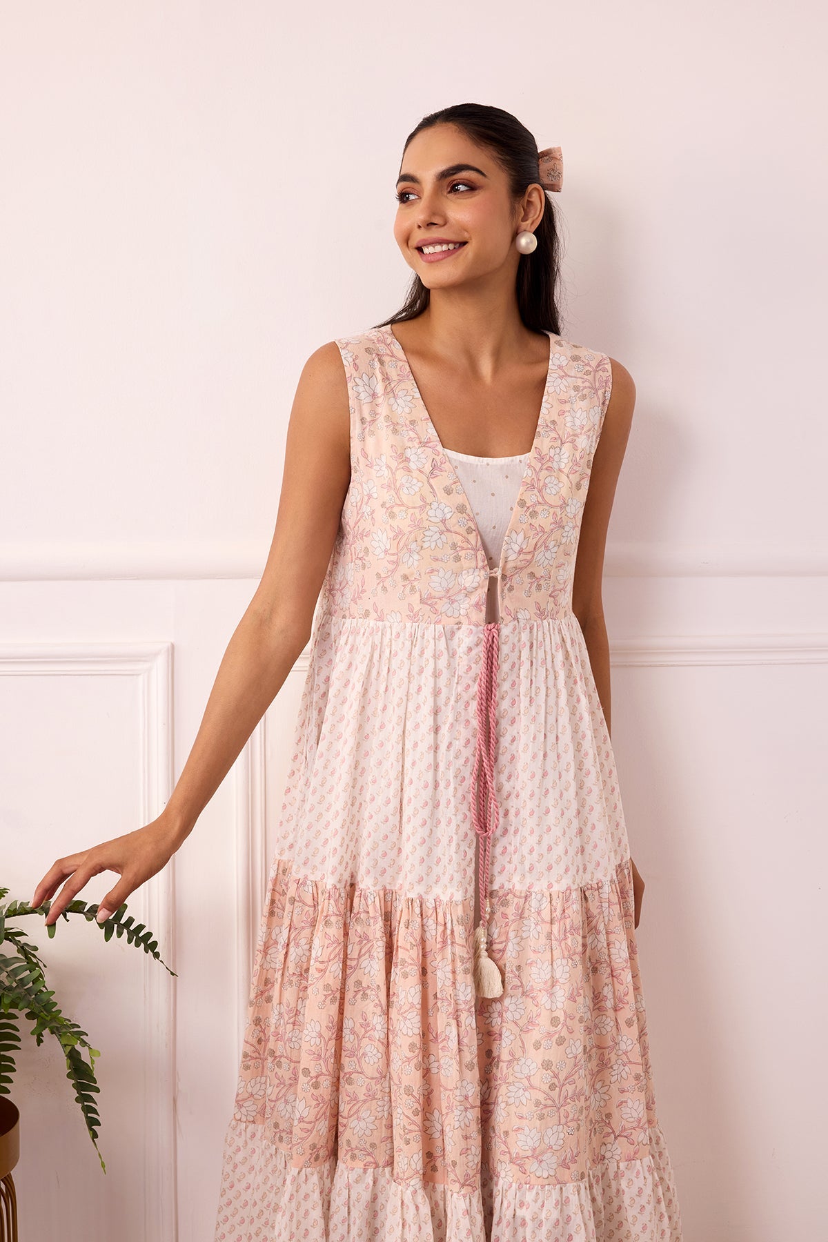 Ambarsariya White & Peach Sleeve Less Frill Dress-FL