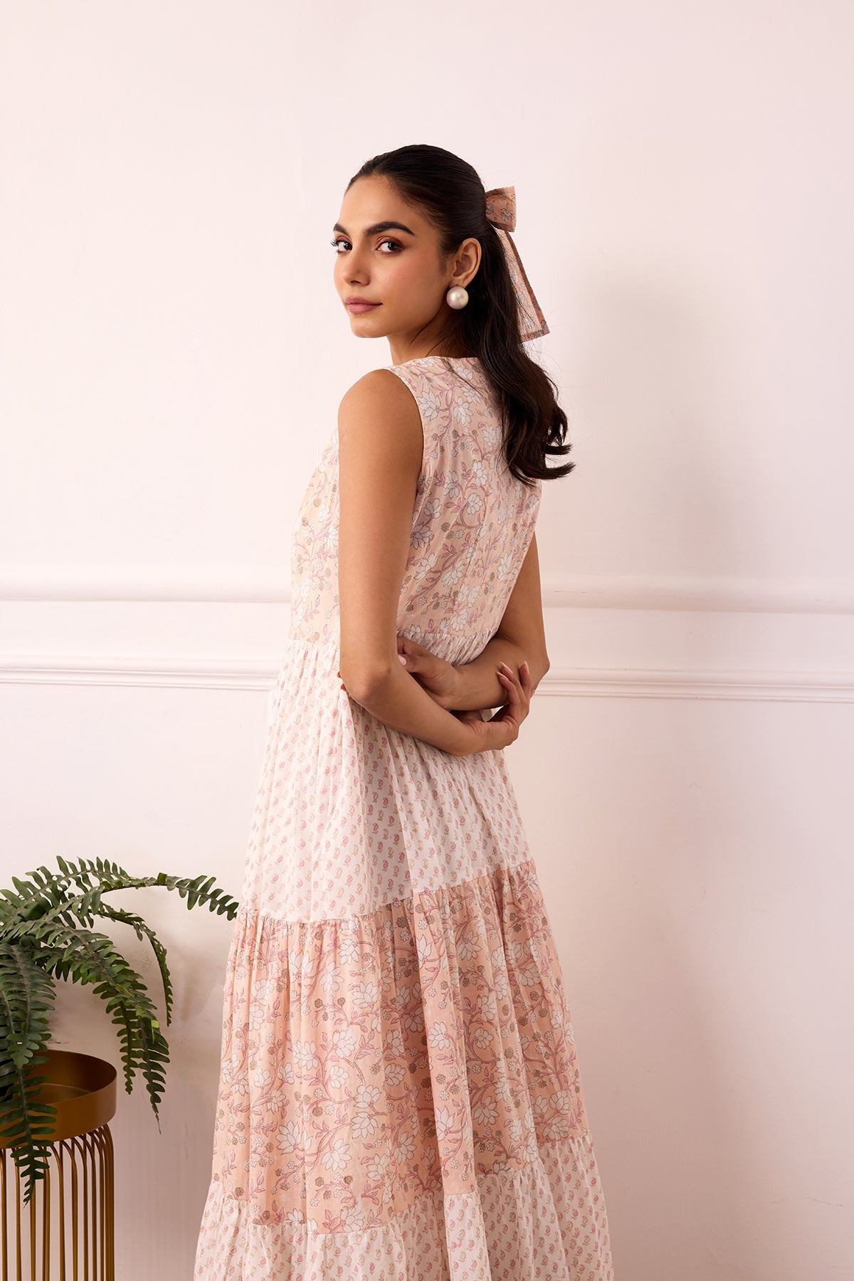Ambarsariya White & Peach Sleeve Less Frill Dress-FL