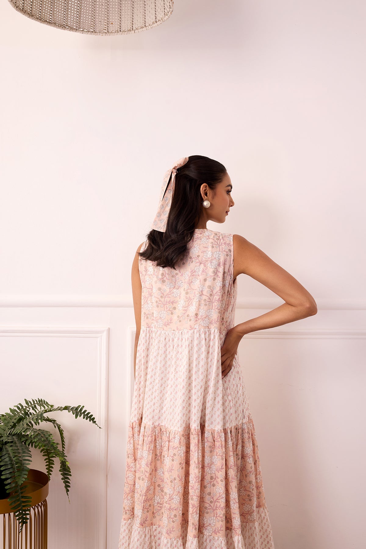 Ambarsariya White & Peach Sleeve Less Frill Dress-FL