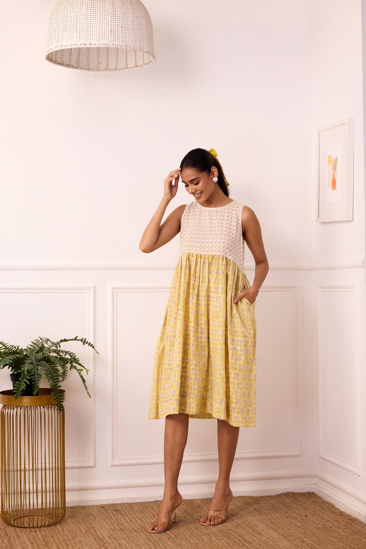 Ambarsariya Yellow Sleeve Less Dress-FL