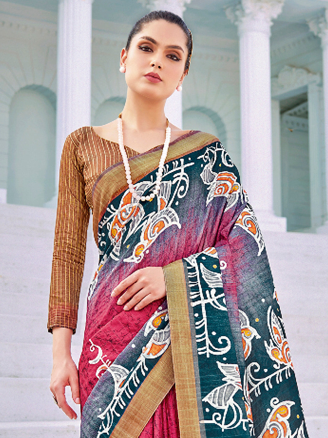 Cotton Blend Pink Printed Designer Saree With Blouse