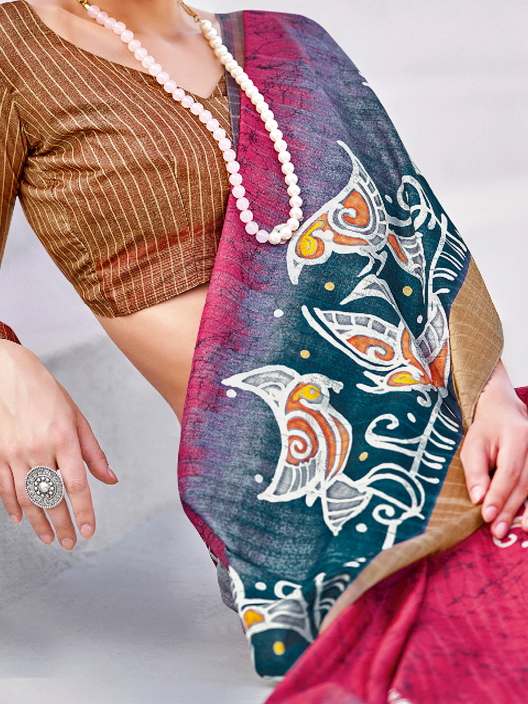 Cotton Blend Pink Printed Designer Saree With Blouse