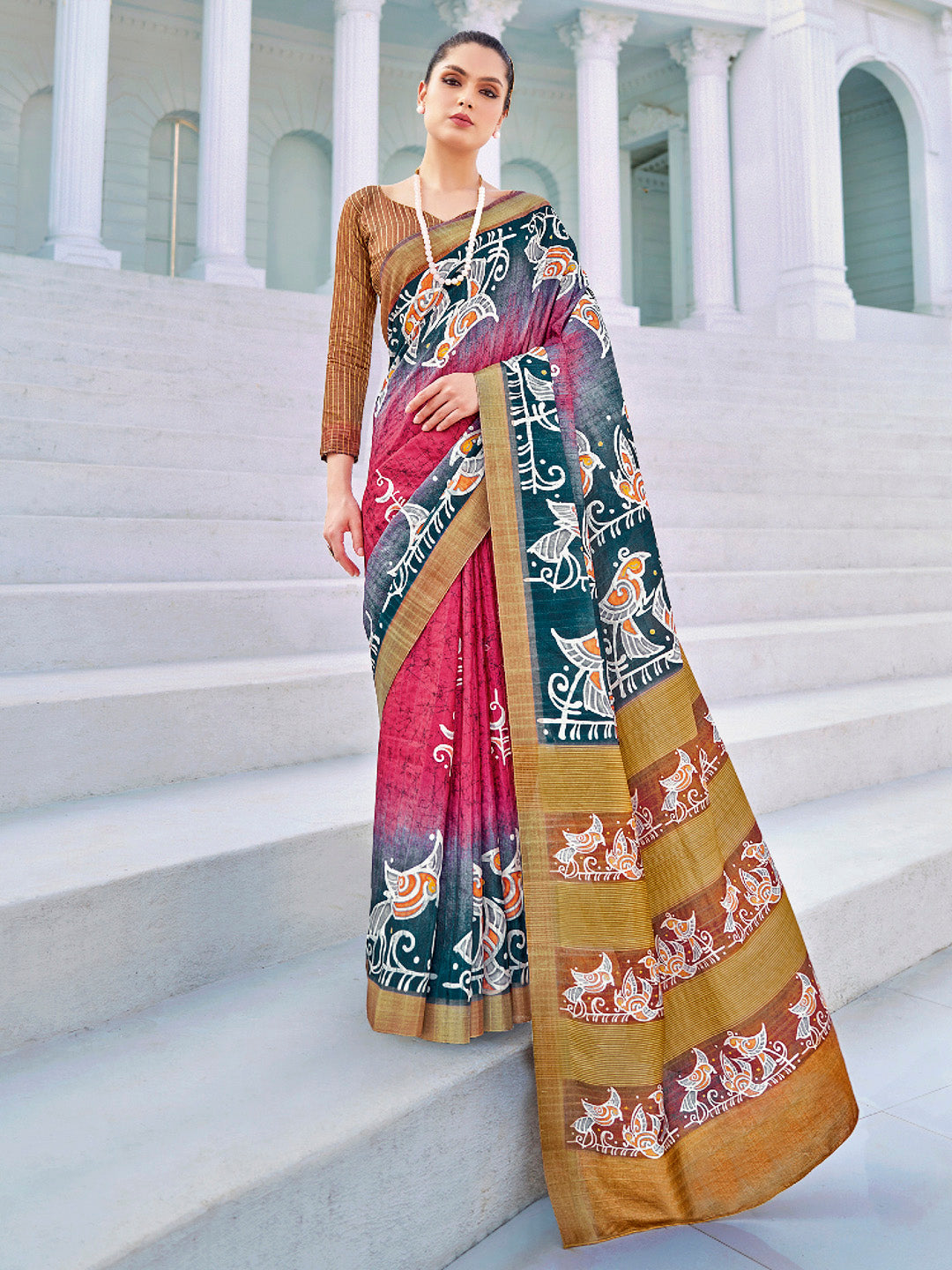 Cotton Blend Pink Printed Designer Saree With Blouse