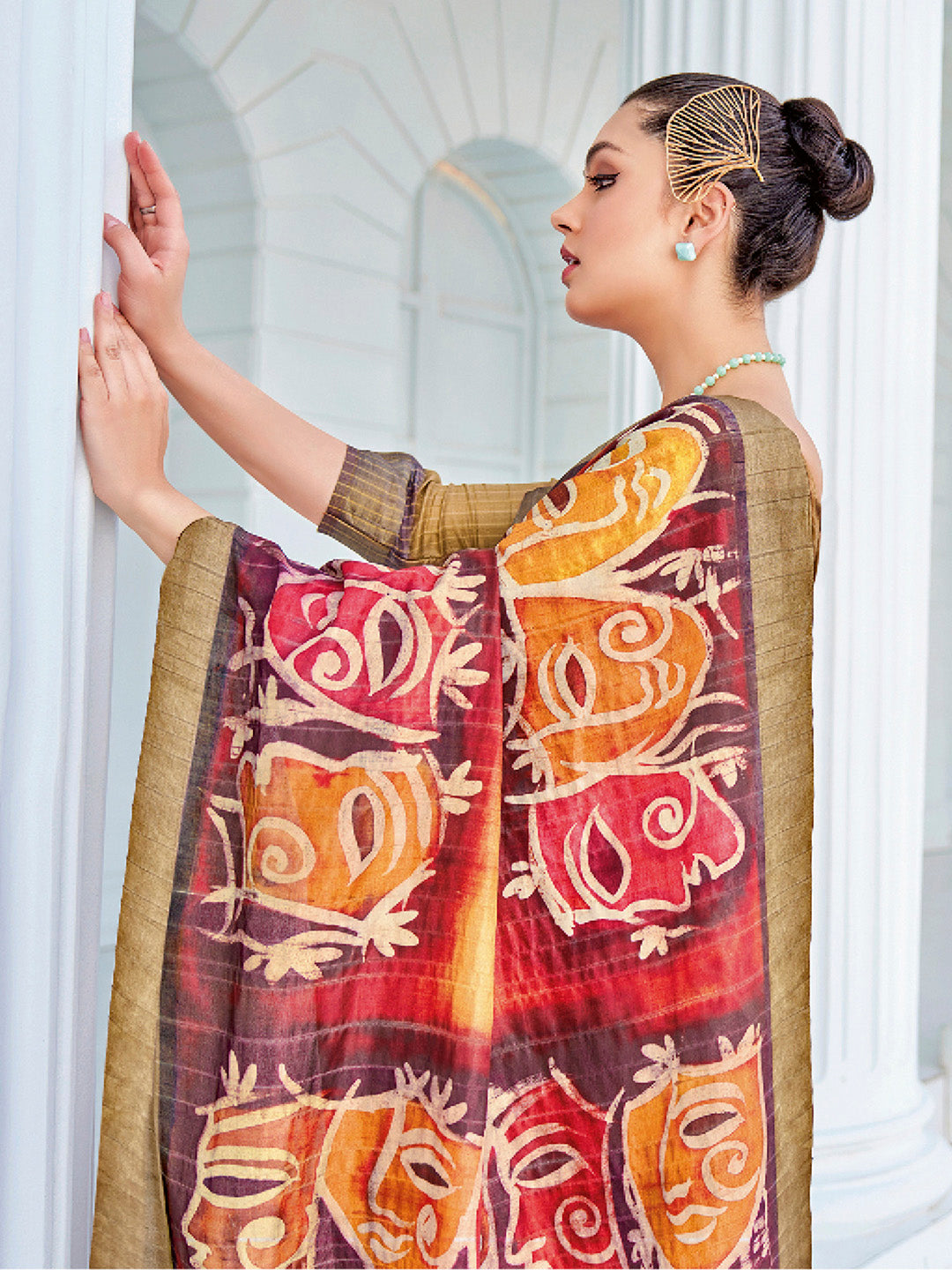 Cotton Blend Olive Printed Designer Saree With Blouse