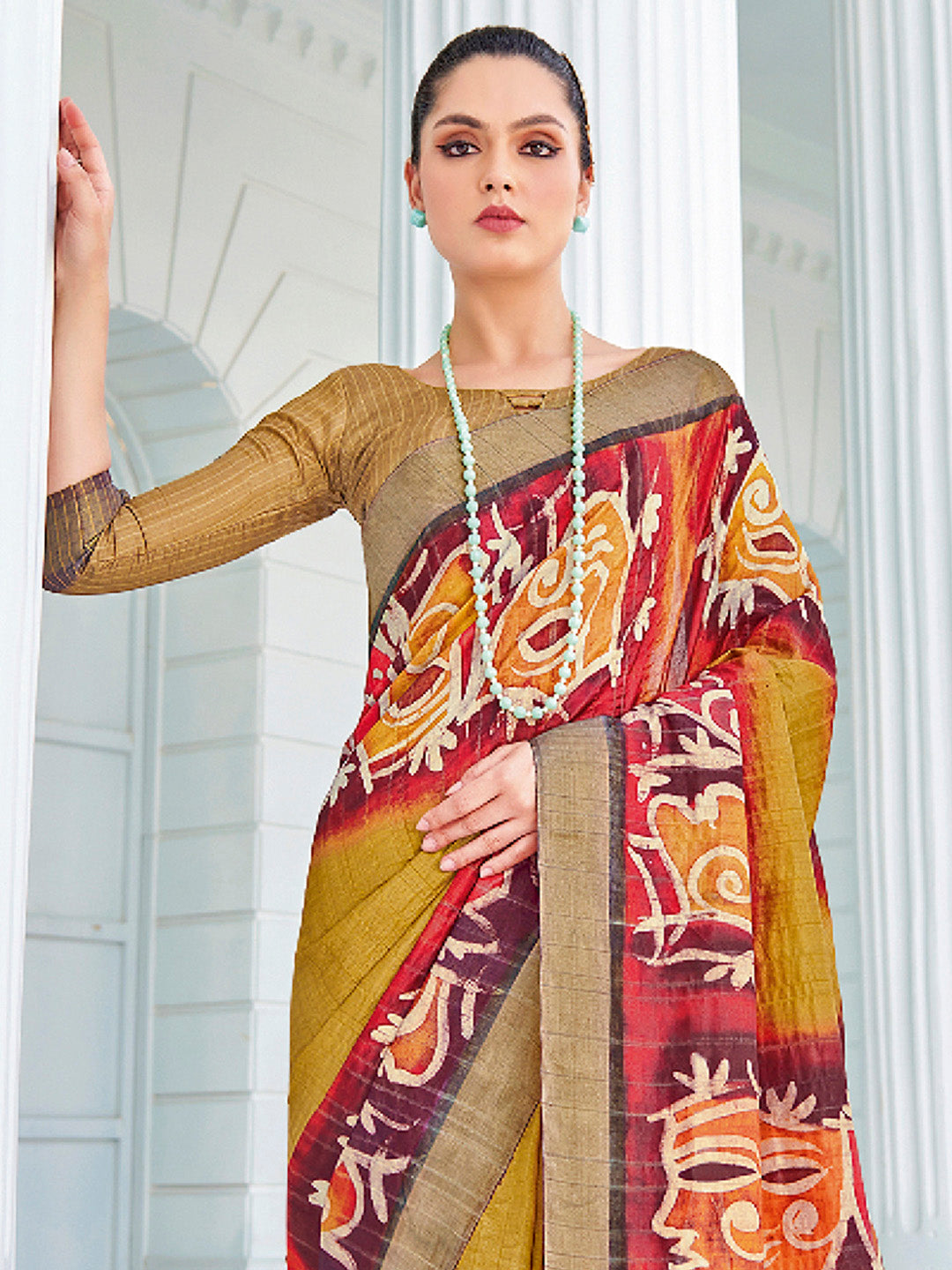 Cotton Blend Olive Printed Designer Saree With Blouse
