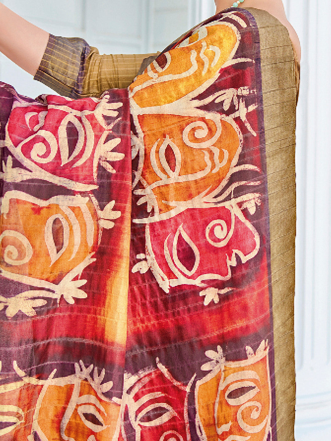 Cotton Blend Olive Printed Designer Saree With Blouse