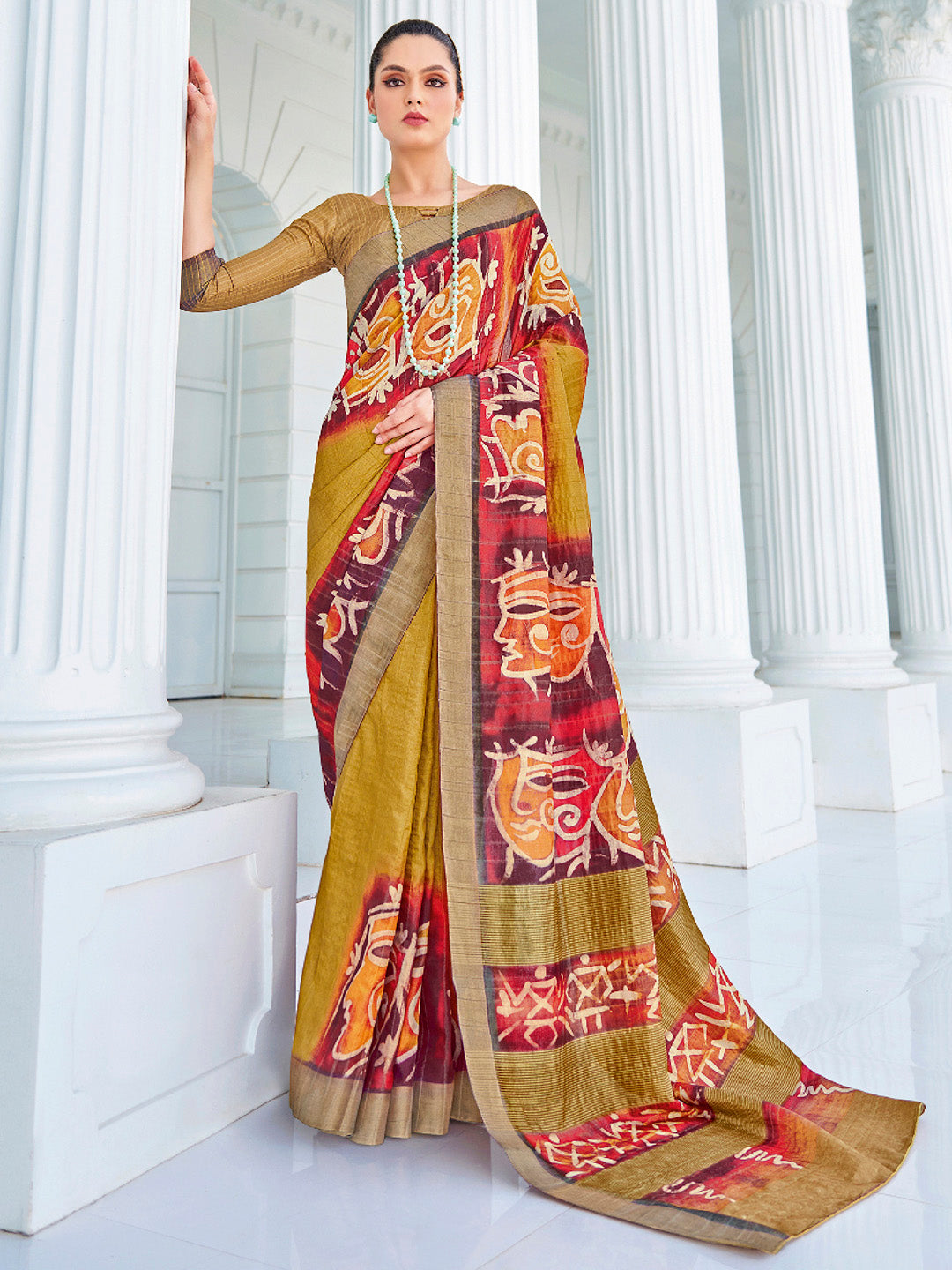 Cotton Blend Olive Printed Designer Saree With Blouse