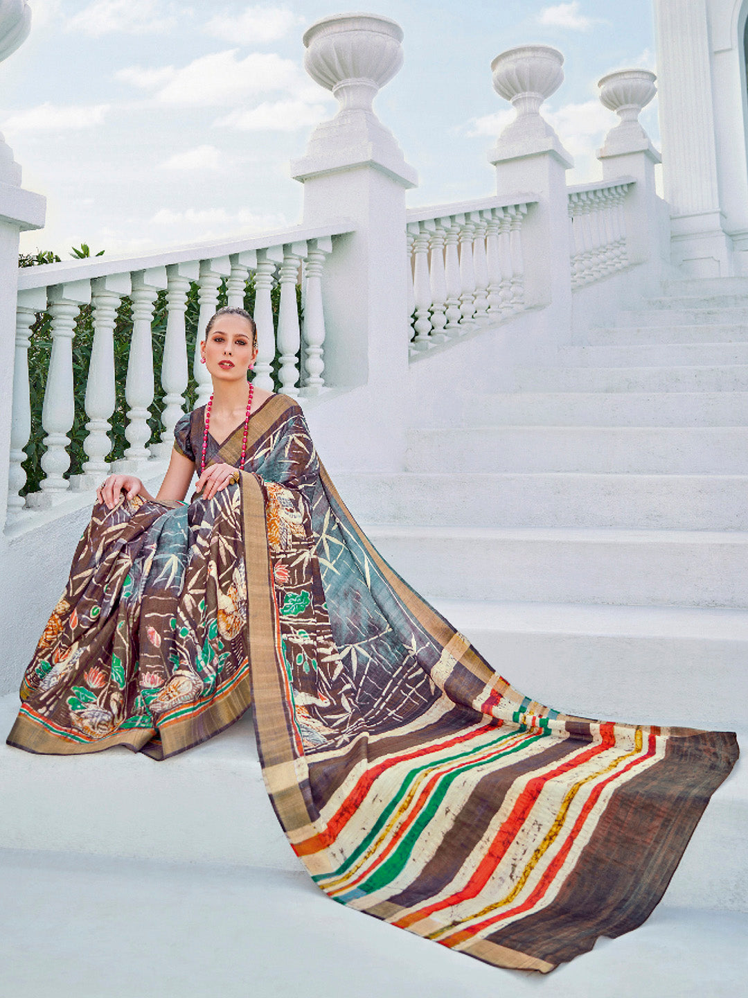 Cotton Blend Brown Printed Designer Saree With Blouse
