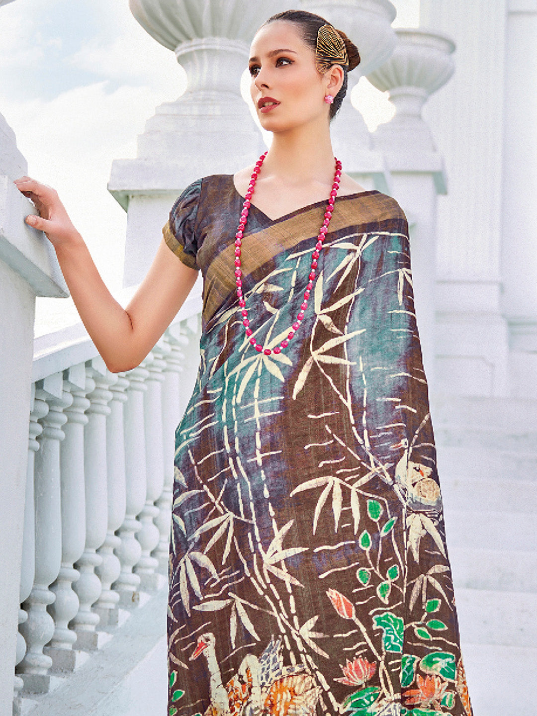 Cotton Blend Brown Printed Designer Saree With Blouse