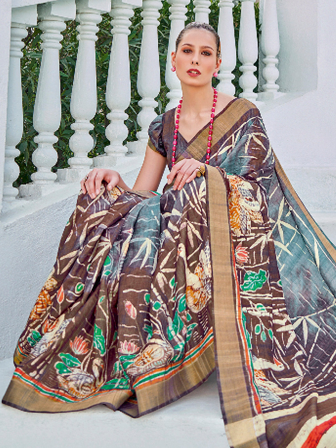 Cotton Blend Brown Printed Designer Saree With Blouse