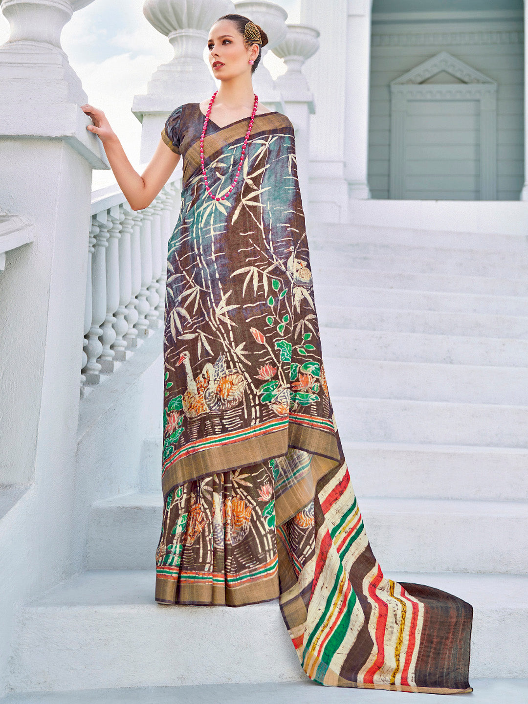 Cotton Blend Brown Printed Designer Saree With Blouse