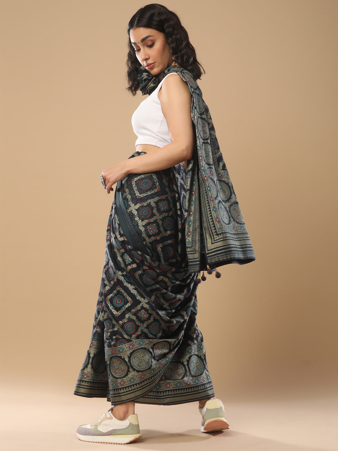 Organza Navy Blue Woven Design Designer Saree With Blouse