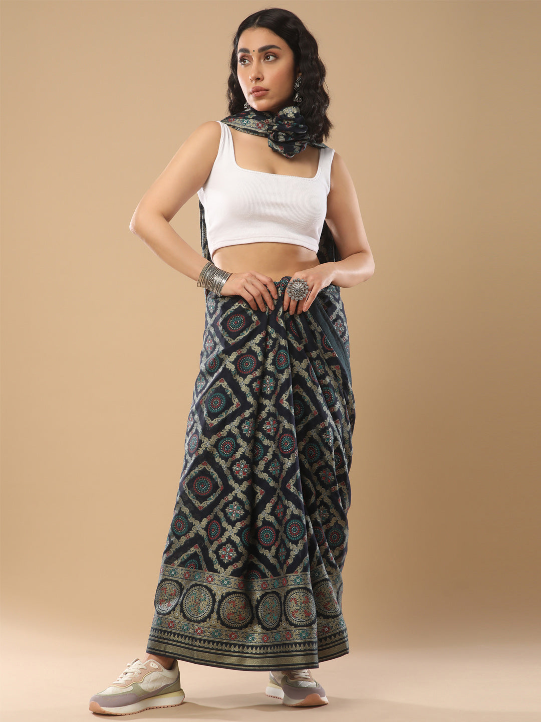 Organza Navy Blue Woven Design Designer Saree With Blouse