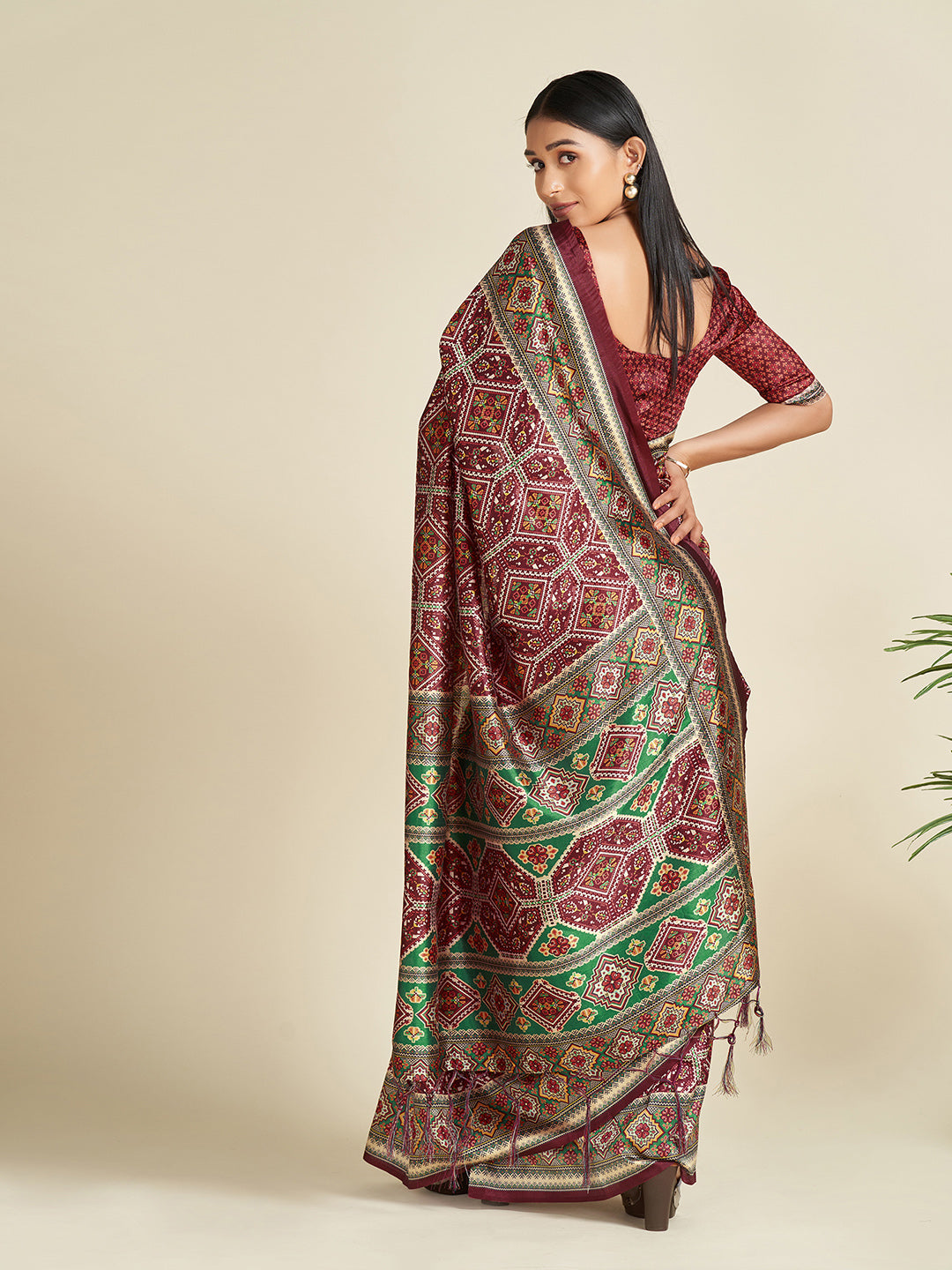 Silk Blend Brown Printed Designer Saree With Blouse