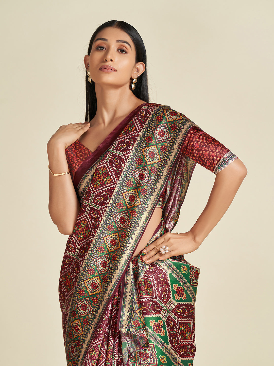 Silk Blend Brown Printed Designer Saree With Blouse