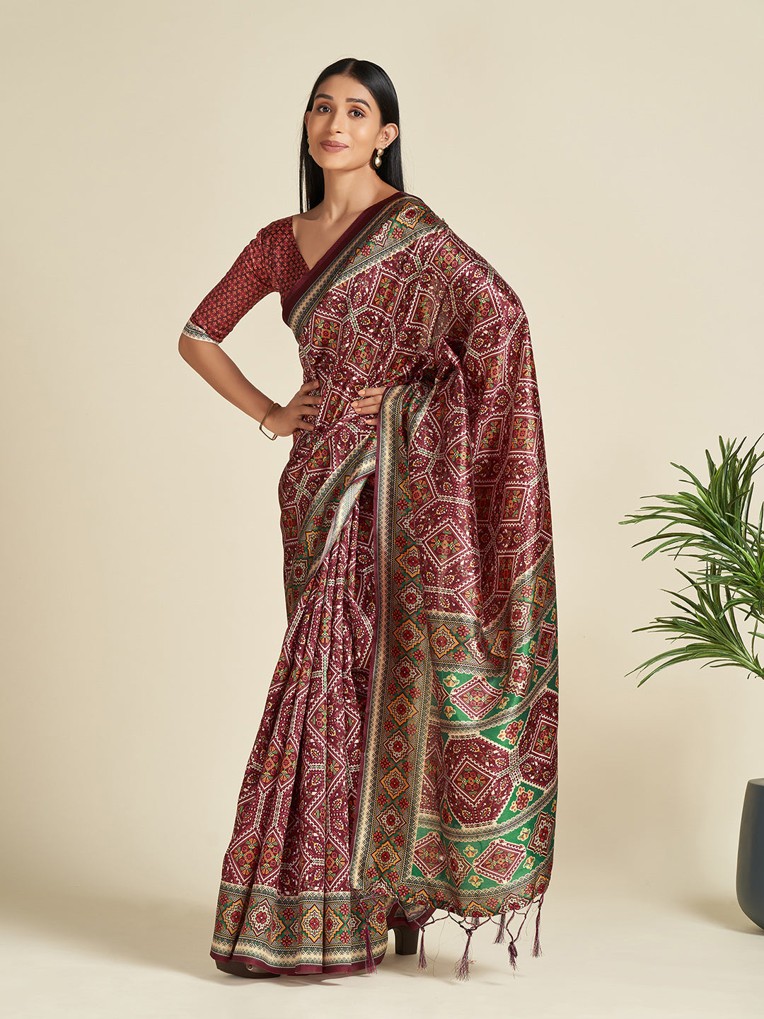 Silk Blend Brown Printed Designer Saree With Blouse