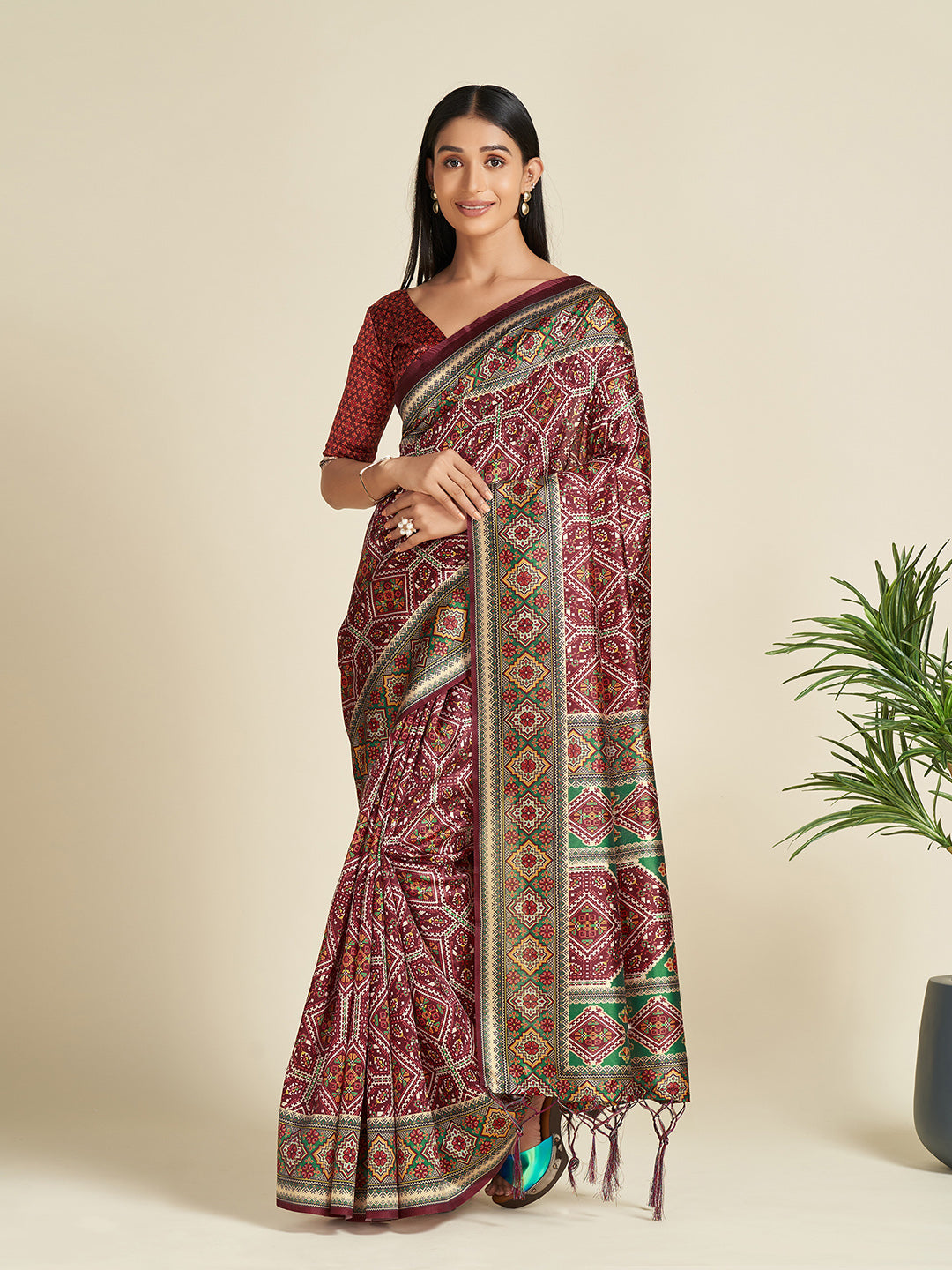 Silk Blend Brown Printed Designer Saree With Blouse