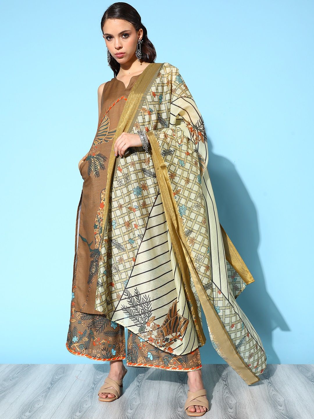 Brown Pure Cotton Blend Digital Printed Kurta Palazzo Set With Dupatta