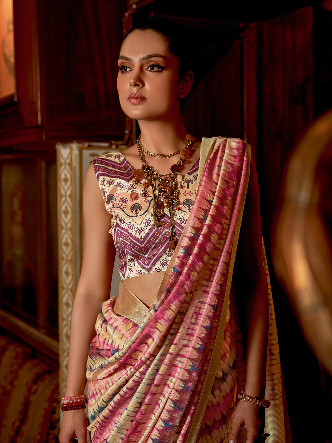 Silk Blend Cream Woven Design Celebrity Saree With Blouse