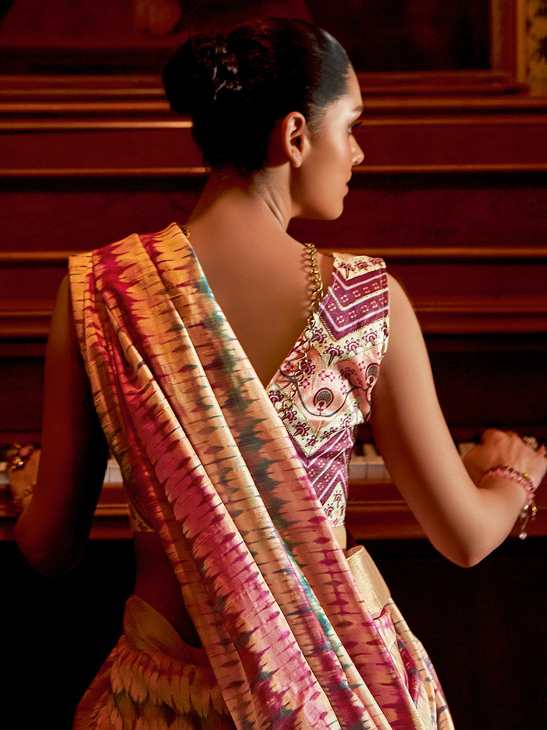 Silk Blend Cream Woven Design Celebrity Saree With Blouse