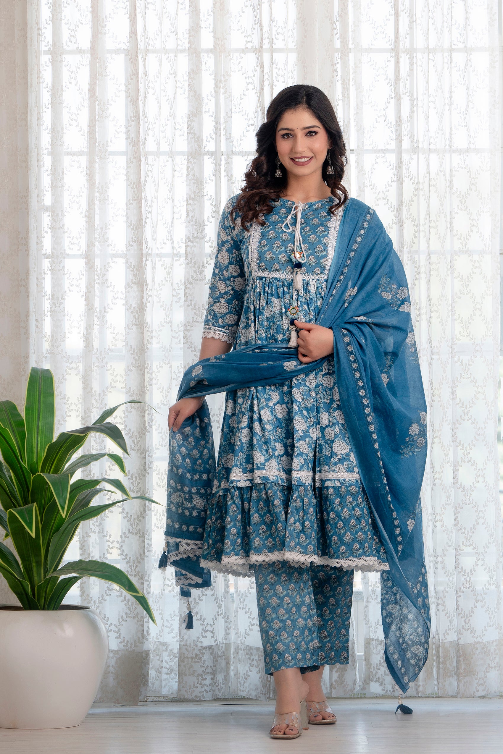 Blue Printed Cotton Suit with Dupatta