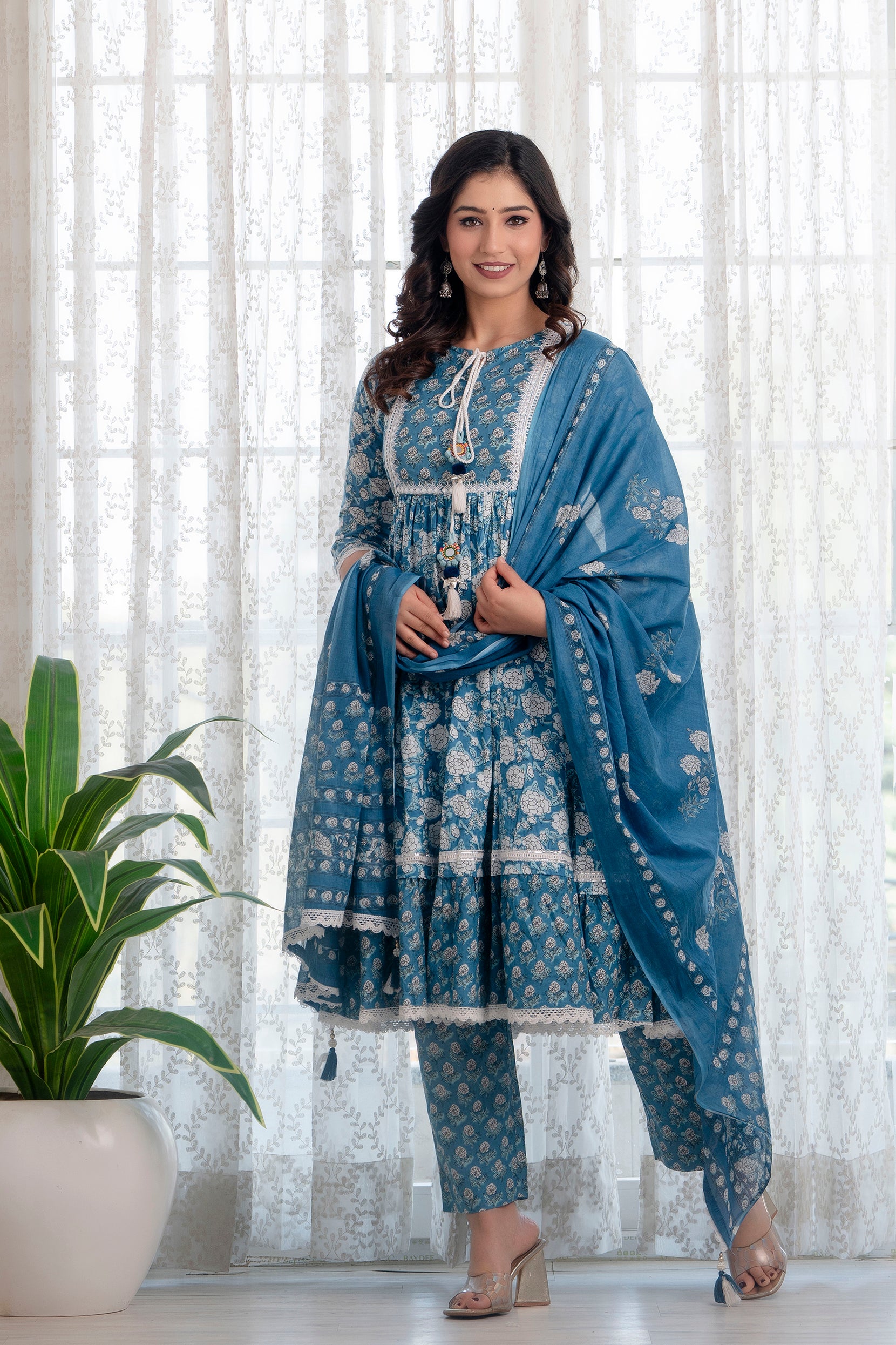 Blue Printed Cotton Suit with Dupatta