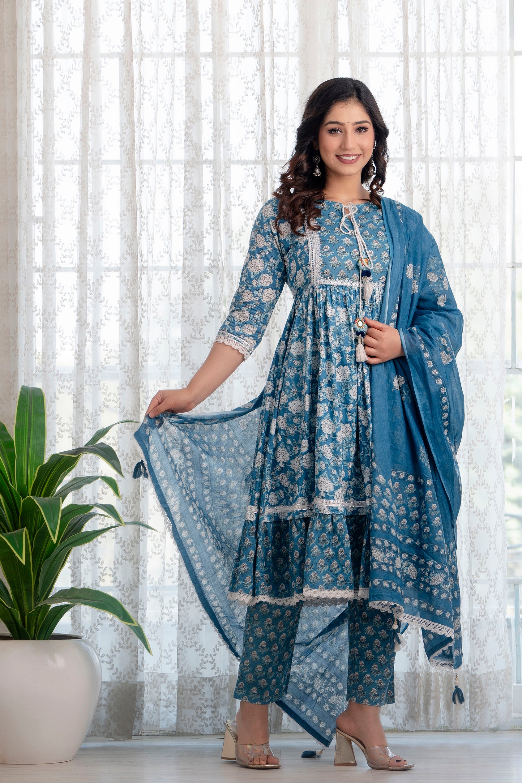 Blue Printed Cotton Suit with Dupatta